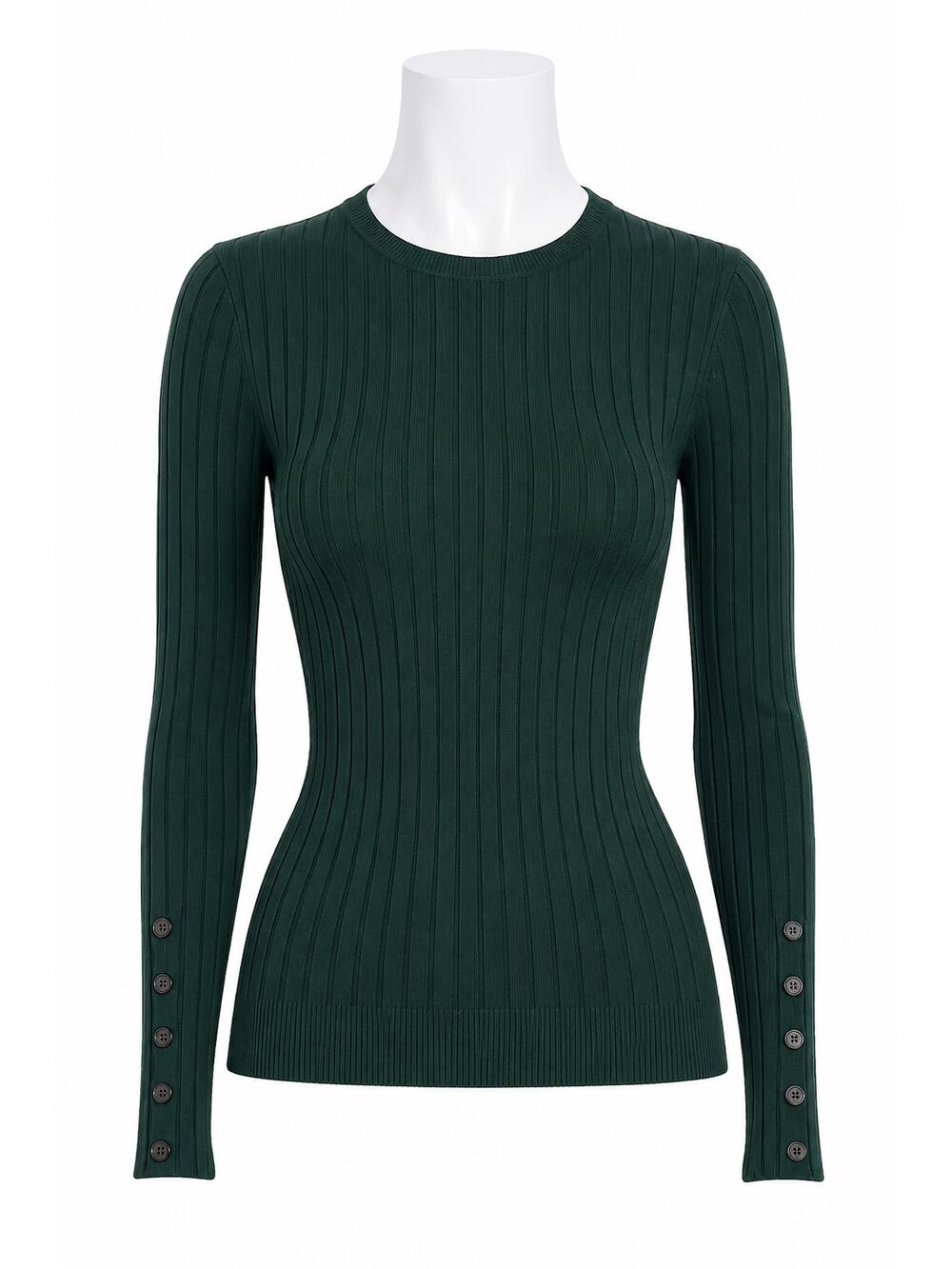 Topshop Ribbed Button Sleeve Sweater Green Fitted Knit Top - Size 4
